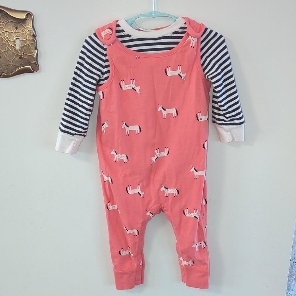 Hanna Andersson Pinkish Peach Overall and Brown Striped Shirt Size 2T